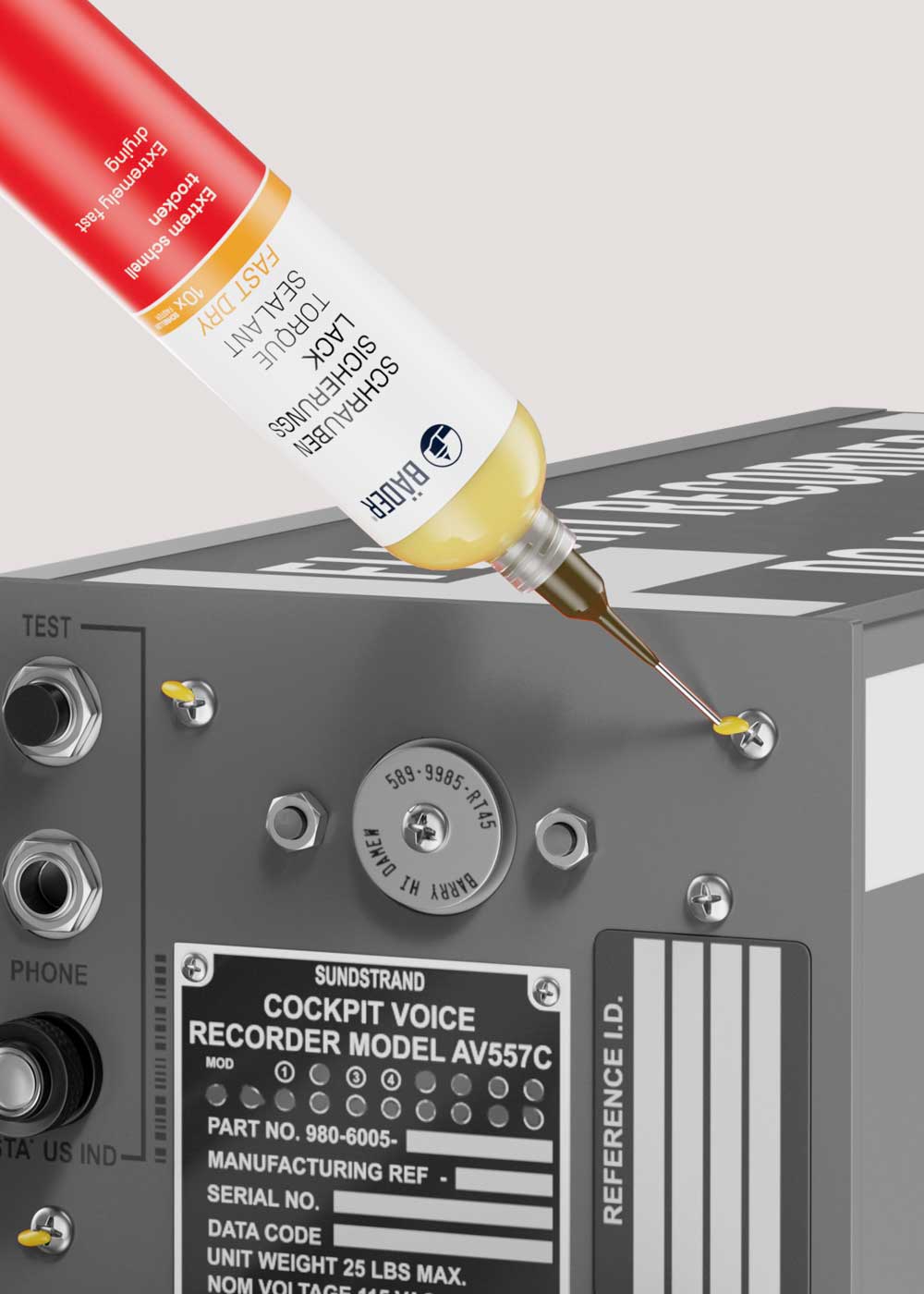 Schraubensicherungslack Fast Dry in der Kartusche sichert eine Schraubverbindung an einer Blackbox