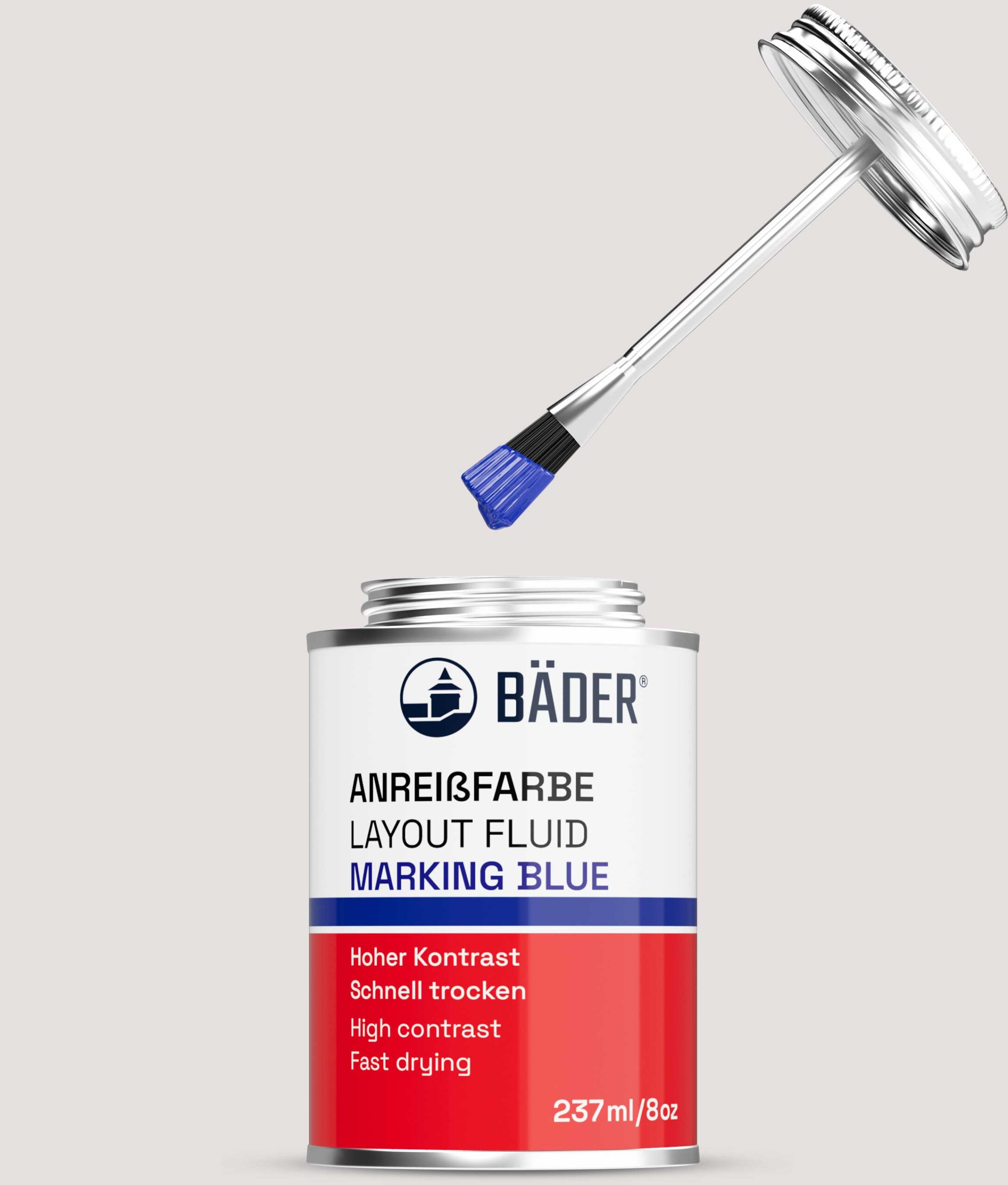 Anreissfarbe Marking Blue in einer geöffneten Dose mit Pinsel im Deckel